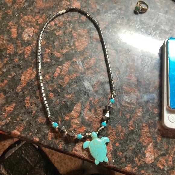 Turtle Blue Hematite turtle necklace Jewelry - Carved Howlite Turtle Pendant Hematite Beaded 18" Necklace